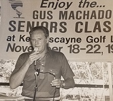 Jim addressing attendees at the 1987 Gus Machado Golf Tournament, Key Biscayne Golf & Country Club

