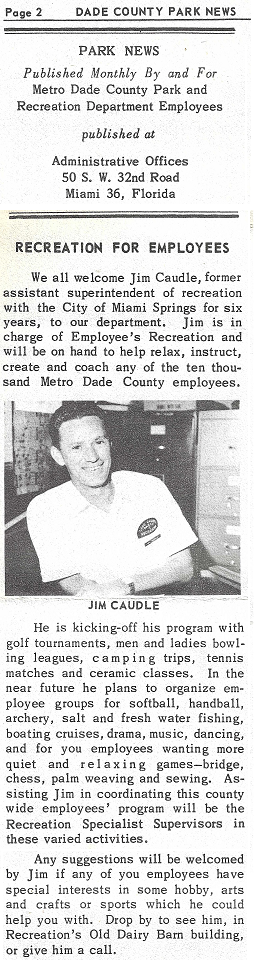 Dade County Parks Dept welcome of Jim, Aug 1965